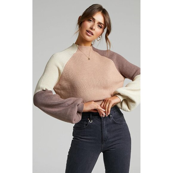 Women's Color Block Cropped Sweater Knitted Pullover Lantern Sleeve Casual - Picture 3 of 6